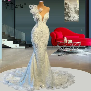 Luxusní Plné Lištování Večerní Šaty Plus Velikost Jedno Rameno Dlouhá Mořská Panna Večerní Šaty Prom Party Šaty 2022 Arabština Svatební Šaty