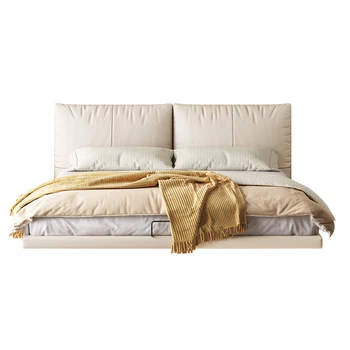 Minimalistické kožené postele, moderní jednoduchý solidní dřevo ložnice, queen , krém styl, pozastavení , čistý červený visí , měkký obal