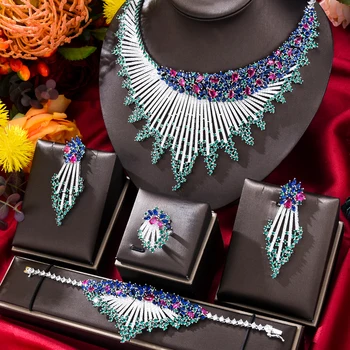 GODKI Trendy 4KS Luxusní Tyrkysové Prohlášení Šperky Sady Pro Ženy, Svatební Kubický Zirkon Indické Africké Dubaj Svatební Náhrdelník