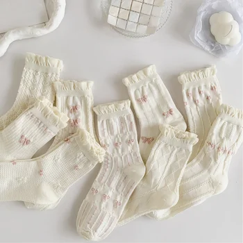 Roztomilé Bílé Ponožky Univerzální Krásné Bowknot Malé Květy Dámské Střední Ponožky Harajuku Kawaii Jk Lolita Dívky Bavlněné Ponožky
