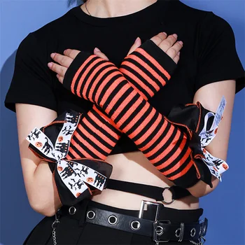 1pár Halloween Ženy Rameno krátké síťované Dlouhé Rukavice Luk Pruhované punk Rukavice na Ochranu Ruky Teplejší Polovina Prst Rukávy