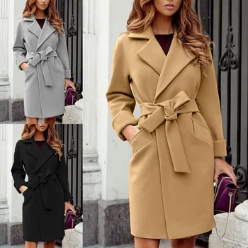Podzimní a Zimní Trend Nová Móda Temperament Ženy Solidní Barevné Dlouhý Rukáv Slim Fit Polo Kabát