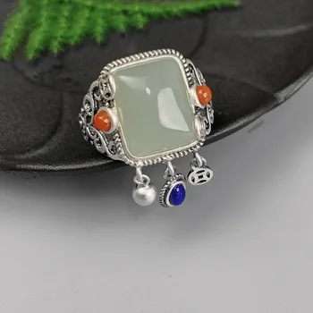 925 Stříbro Geometrie Národní Styl Přírodní Hotan Nefrit Zelený Prsteny pro Ženy Vintage Střapce Lapis Lazuli Klasické Šperky Prsten