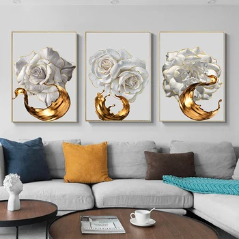3 Kusy, Bílé Růže Květ Zlatý Plakáty, Obrázky, Plátno Wall Art Dekorativní Tisky Domova Malby Obývací Pokoj Dekorace
