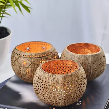 Kokosový Shell Dřevěné svícny (Sada 3) s Kokosem Vonící Tealight Svíčky - Boho Dekor, Držáky Votivní Svíčky