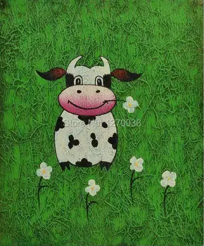 Ručně Malované Abstraktní Chytrý, Šťastný Malá Tančící Kráva v Zelené Louky 100% ručně vyráběné Moderní Legrační Zvíře Plátně olejomalby