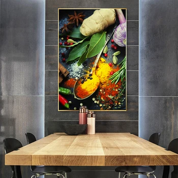 Kuchyně Pokoj Wall Art Zrna, Koření, Lžíce Papriky Olej Malba na Plátně, Plakáty a Tisky Cuadros Obrázky pro Domácí Dekor