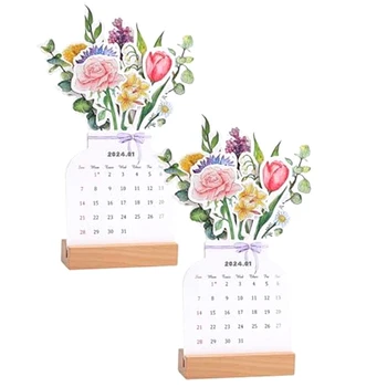 2024 Bloomy Květiny Stolní Kalendář S Dřevěnou Základnou, Kreativ Květinové Stolní Kalendář, Stolní Kalendář 2024 Krásné Květiny Odolné