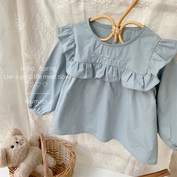 Dětské Oblečení 2023 Jaře Nové Módní Vyšívané Krajky Límec Košile Ležérní Jednoduchý Styl Plná Barva Baby Girls Tričko