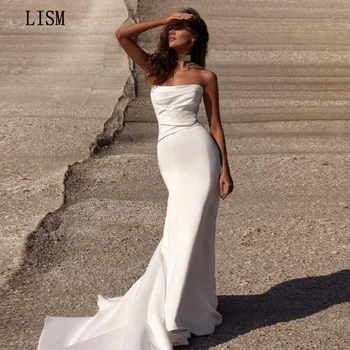 LISM 2024 Mořská panna Jednoduchý Elegantní Bílé Róbě bez Ramínek Dlouhý Vlak Vestidos De Novia Skládaný Formální Svatební Šaty na Zakázku