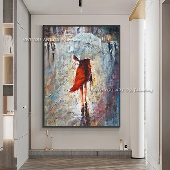 Velké Velikosti Abstraktní Déšť Červená Dívka Olej na Plátně 100% ručně vyráběné Umění Zdi Obraz pro Obývací Pokoj Cuadros