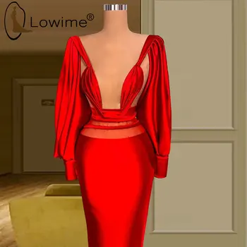 Sexy Červené Vrhat Výstřih Plný Rukáv Večerní Šaty 2021 Abendkleider Jednoduchý Délka Podlahy Satén Prom Party Šaty