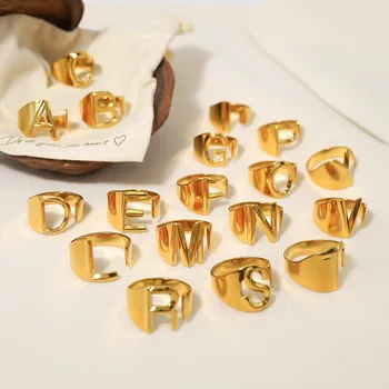 Nové Módní Šperky Abeceda A - Z Dopisu Prsten 18k Zlatý Pokovené Robustní Jméno Nepravidelné Prsten z Nerezové Oceli Nastavitelný Počáteční Prsten