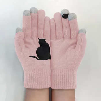 Roztomilý Kočka Tisk Full Finger Rukavice Dámské Vlněné Rukavice Podzim Zimní Venkovní Teplé Rukavice s Dotykovou Obrazovkou Řidičské Rukavice перчатки