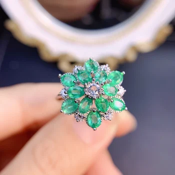 Přírodní 3*4 Kolumbijské Emerald Luxusní Květinové Prsten S925 Sterling Silver Módní Nádherné Svatební Kouzlo Šperky pro Ženy