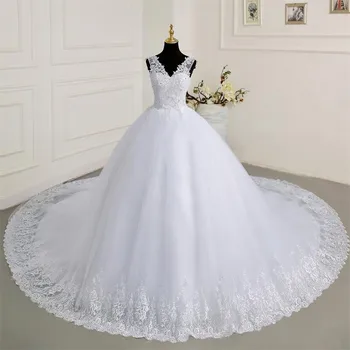 Čistě Bílé bez Rukávů Svatební Šaty Roku 2023 Nové Klasické V-krk Vestido De Noiva S Velkými Vlak Luxusní Krajky Robe De Mariee