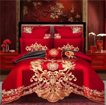 100% Bavlna Čínské Královská Svatba Červená Povlečení Luxusní 4/6pc Zlaté Loong Phoenix Výšivky Peřinu Prostěradlo povlak na Polštář