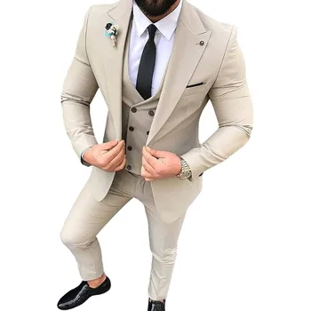 Muži Obleky, 3 Ks Slim Fit Ležérní Mládenci Tmavě Šedé Šampaňské Klopě Obchodní Obleky pro Formální Svatbu(Sako+Kalhoty+Vesta)