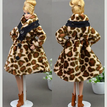 Módní Leopardí Zimní Oblečení Kožešiny Kabát Pro Panenky Barbie Šaty, Dlouhé Šaty Vestido Plášť Pro Barbie 1/6 BJD Panenky, Hračky, Příslušenství