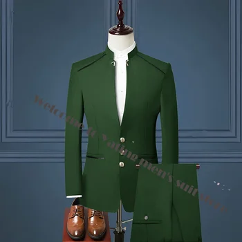 Na zakázku Pánské Obleky 2024 Zelené Límcem Módní Design zlatými Knoflíky Ženich Smokingy Pro Svatební Muži Party kostýmy