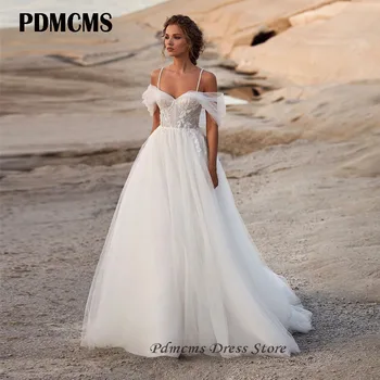 PDMCMS Bílá Krajka Linka Svatební Šaty Off Rameno Elegantní Svatební Šaty S Vlakem Špagety Popruh Prom Šaty na Zakázku Velikost